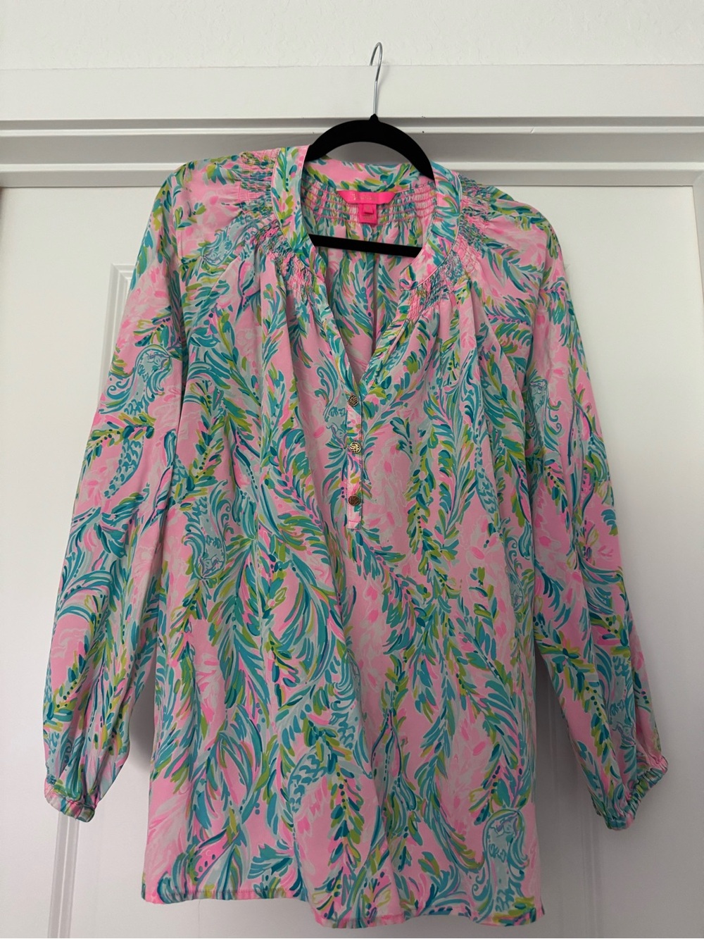 Lilly Pulitzer Pink Multicolor Leaf-Print V-Neck Blouse